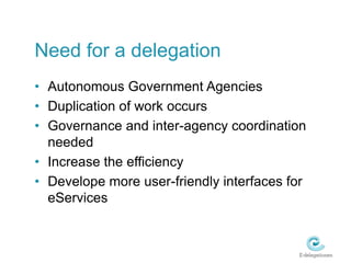 Need for a delegation
• Autonomous Government Agencies
• Duplication of work occurs
• Governance and inter-agency coordina...