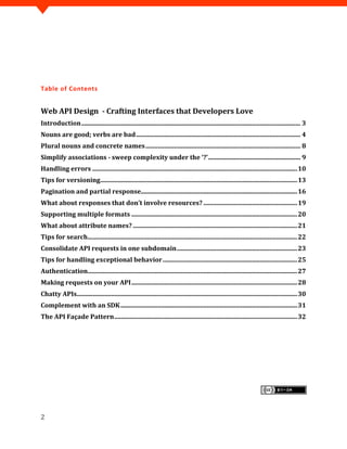 Table of Contents


Web API Design - Crafting Interfaces that Developers Love
Introduction ............................................................................................................................................ 3
Nouns are good; verbs are bad ......................................................................................................... 4
Plural nouns and concrete names ................................................................................................... 8
Simplify associations - sweep complexity under the ‘?’ ........................................................... 9
Handling errors ................................................................................................................................... 10
Tips for versioning.............................................................................................................................. 13
Pagination and partial response.................................................................................................... 16
What about responses that don’t involve resources? ............................................................ 19
Supporting multiple formats .......................................................................................................... 20
What about attribute names? ......................................................................................................... 21
Tips for search...................................................................................................................................... 22
Consolidate API requests in one subdomain ............................................................................. 23
Tips for handling exceptional behavior ...................................................................................... 25
Authentication...................................................................................................................................... 27
Making requests on your API .......................................................................................................... 28
Chatty APIs............................................................................................................................................. 30
Complement with an SDK ................................................................................................................. 31
The API Façade Pattern ..................................................................................................................... 32




2
 