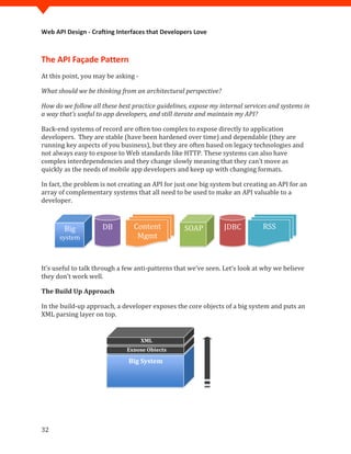 Web API Design - Crafting Interfaces that Developers Love



The API Façade Pattern
At this point, you may be asking -

What should we be thinking from an architectural perspective?

How do we follow all these best practice guidelines, expose my internal services and systems in
a way that’s useful to app developers, and still iterate and maintain my API?

Back-end systems of record are often too complex to expose directly to application
developers. They are stable (have been hardened over time) and dependable (they are
running key aspects of you business), but they are often based on legacy technologies and
not always easy to expose to Web standards like HTTP. These systems can also have
complex interdependencies and they change slowly meaning that they can’t move as
quickly as the needs of mobile app developers and keep up with changing formats.

In fact, the problem is not creating an API for just one big system but creating an API for an
array of complementary systems that all need to be used to make an API valuable to a
developer.



        Big          DB         Content           SOAP          JDBC          RSS
      system                     Mgmt


It’s useful to talk through a few anti-patterns that we’ve seen. Let’s look at why we believe
they don’t work well.

The Build Up Approach

In the build-up approach, a developer exposes the core objects of a big system and puts an
XML parsing layer on top.


                                     XML
                              Expose Objects

                              Big System




32
 