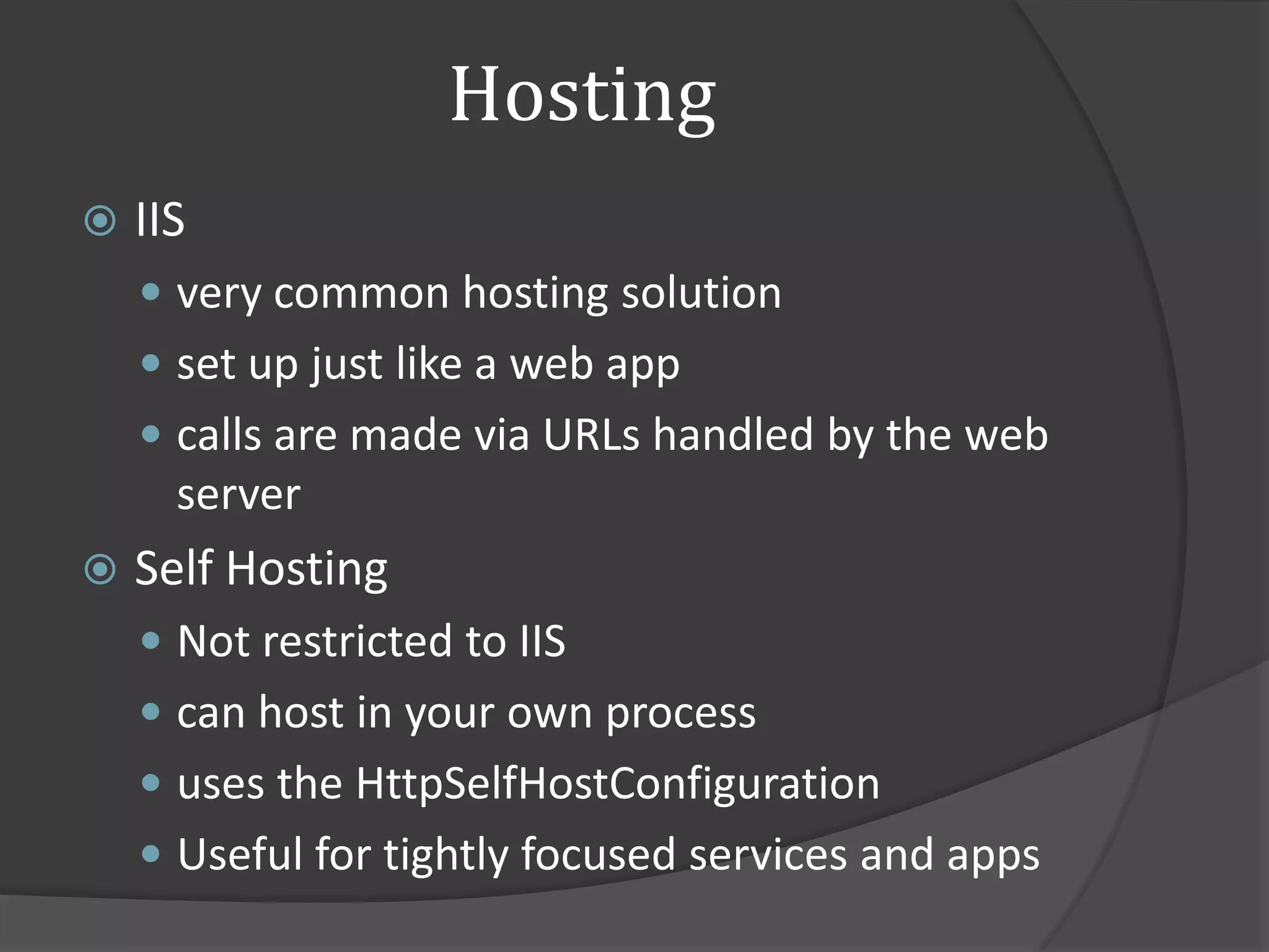 Hosting
   IIS
    
    
    


   Self Hosting
    
    
    
    
 