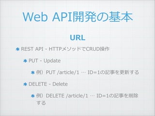 Web ?API_kλ
REST ?API ?-\?? ?HTTP᥽åɤCRUD ?
PUT ?-\?? ?Update ?
PUT ?/article/1 ? ?ID=1ӛ¤¤ ?
DELETE ?-\?? ?Delete ?
DELETE ?/article/1 ? ?ID=1ӛ¤

URL
 