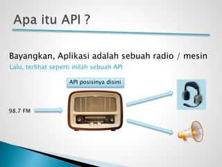 Bayangkan, Aplikasi adalah sebuah radio / mesin
98.7 FM
Lalu, terlihat seperti inilah sebuah API
API posisinya disini
 