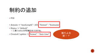  P30 
 domain -> “maxLength” : 255, “format” : “hostname” 
 States -> “default” 
 二重にdefaultが定義されてますね。 
 Created / update -> “format” : “date-time” 
誰だよお 
前！？ 
 
