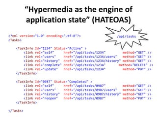 “Hypermedia as the engine of
application state” (HATEOAS)
<?xml version="1.0" encoding="utf-8"?>
<Tasks>
<TaskInfo Id="1234" Status="Active" >
<link rel="self" href="/api/tasks/1234" method="GET" />
<link rel="users" href="/api/tasks/1234/users" method="GET" />
<link rel="history" href="/api/tasks/1234/history" method="GET" />
<link rel="complete" href="/api/tasks/1234" method="DELETE" />
<link rel="update" href="/api/tasks/1234" method="PUT" />
</TaskInfo>
<TaskInfo Id="0987" Status="Completed" >
<link rel="self" href="/api/tasks/0987" method="GET" />
<link rel="users" href="/api/tasks/0987/users" method="GET" />
<link rel="history" href="/api/tasks/0987/history" method="GET" />
<link rel="reopen" href="/api/tasks/0987" method="PUT" />
</TaskInfo>
</Tasks>
/api/tasks
 