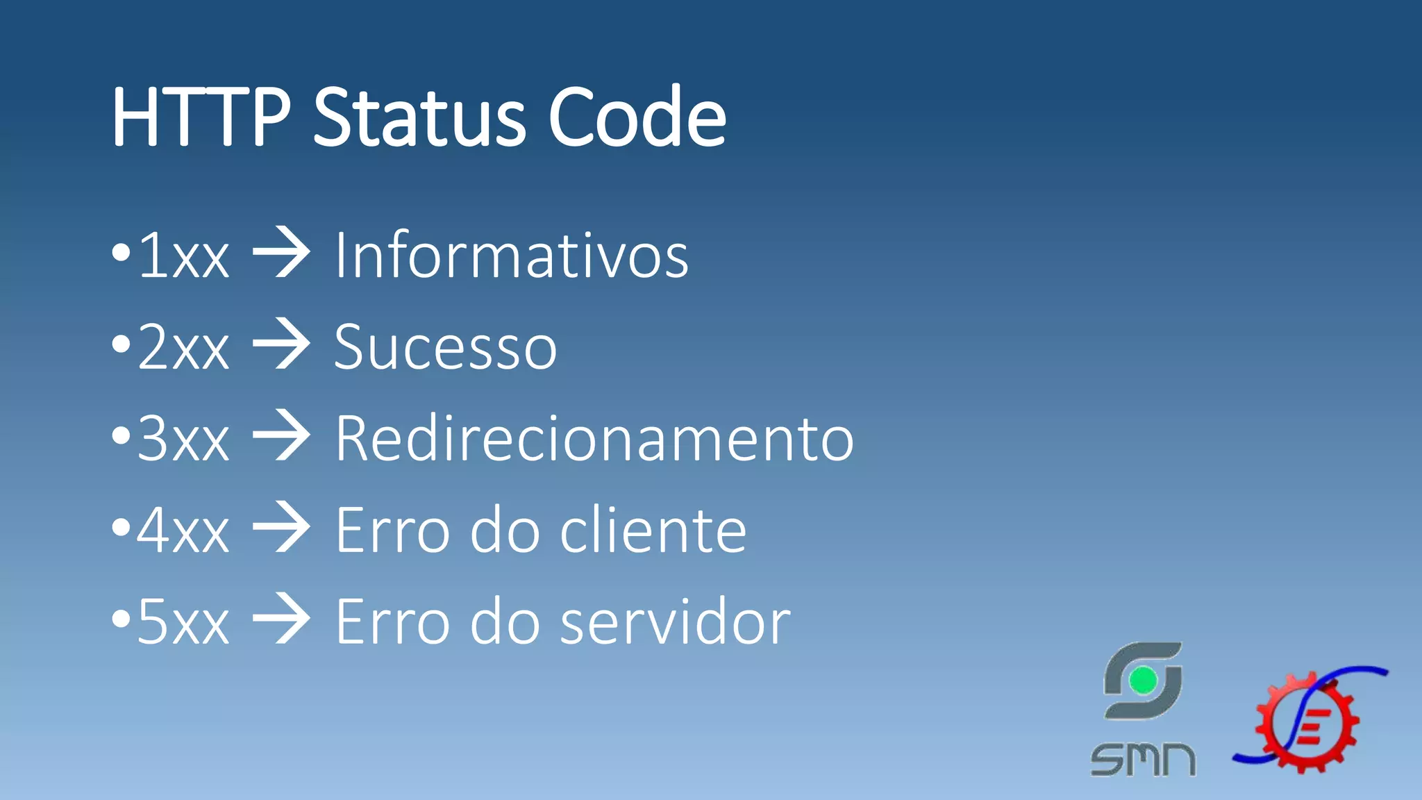 •1xx  Informativos •2xx  Sucesso •3xx  Redirecionamento •4xx  Erro do cliente •5xx  Erro do servidor HTTP Status Code 