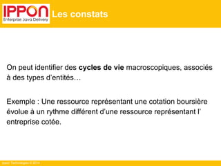 Ippon Technologies © 2014
Les constats
On peut identifier des cycles de vie macroscopiques, associés
à des types d’entités…
Exemple : Une ressource représentant une cotation boursière
évolue à un rythme différent d’une ressource représentant l’
entreprise cotée.
 