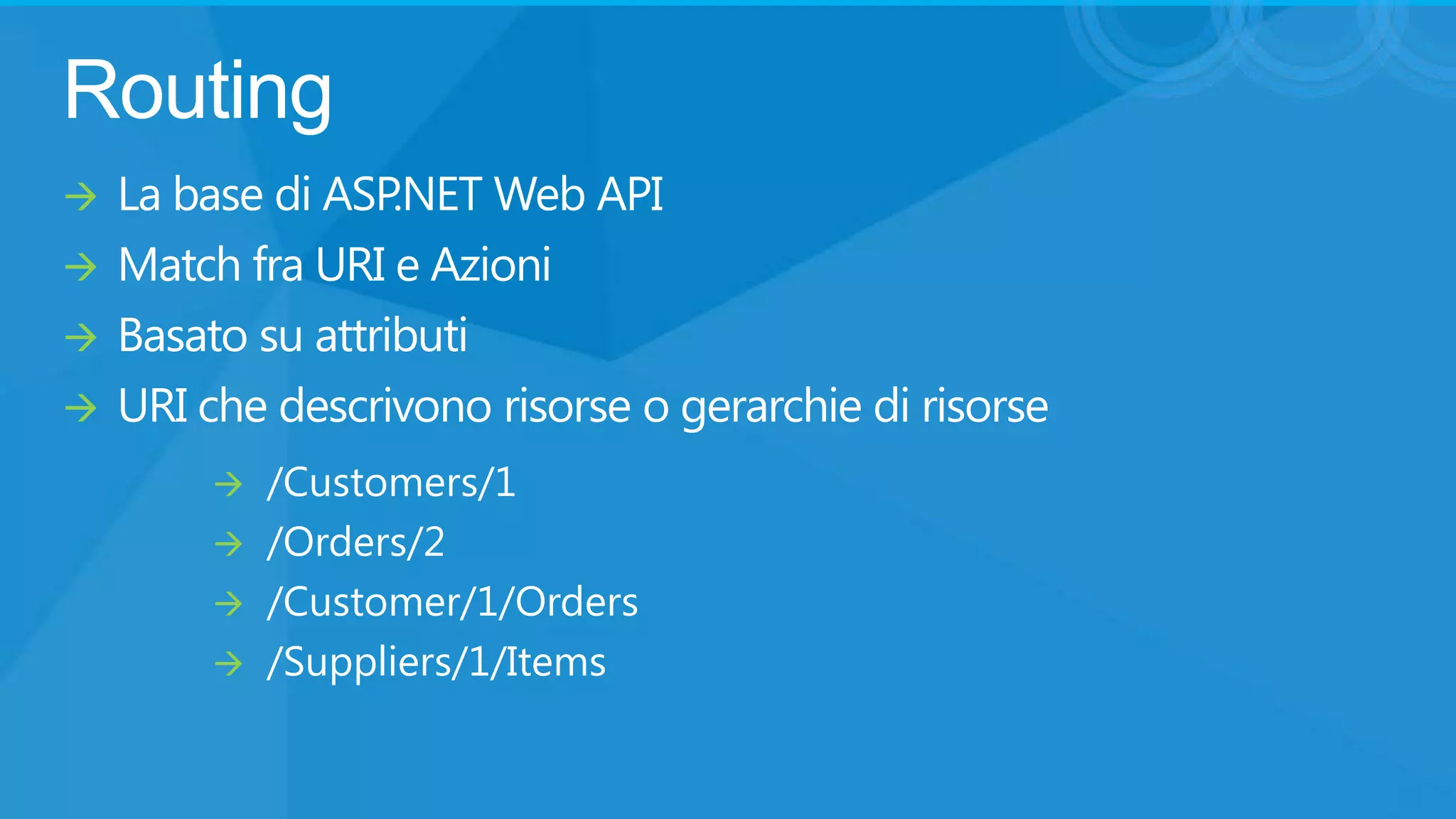 Routing






La base di ASP.NET Web API
Match fra URI e Azioni
Basato su attributi
URI che descrivono risorse o gerarchie di risorse






/Customers/1
/Orders/2
/Customer/1/Orders
/Suppliers/1/Items

 