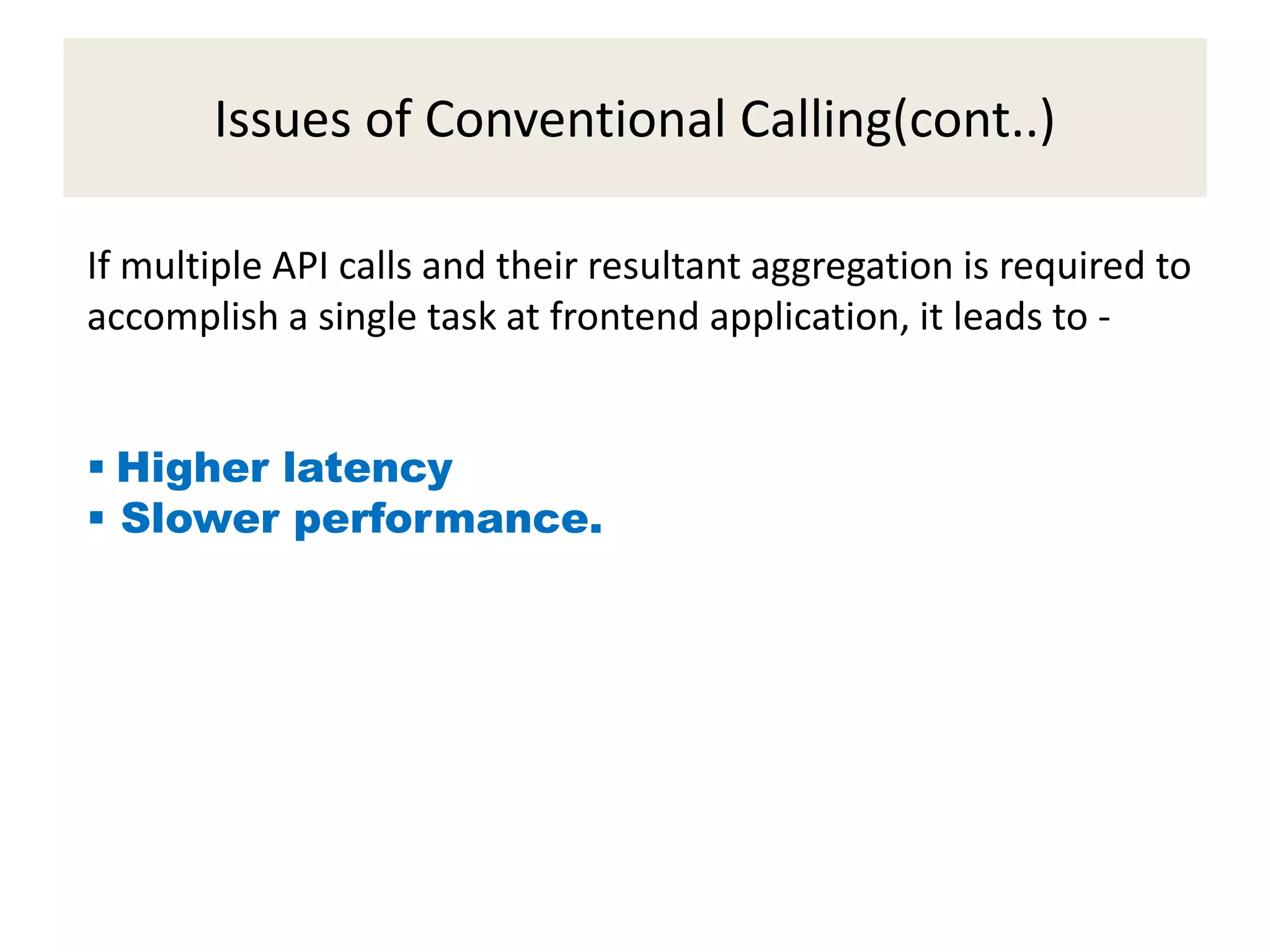 Issues of Conventional Calling(cont..)
If multiple API calls and their resultant aggregation is required to
accomplish a single task at frontend application, it leads to -
 Higher latency
 Slower performance.
 