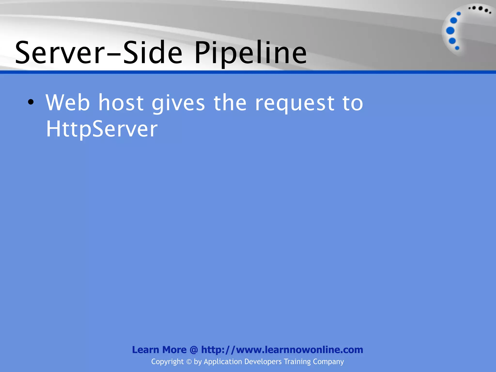 Server-Side Pipeline
• Web host gives the request to
  HttpServer




         Learn More @ http://www.learnnowonline.com
            Copyright © by Application Developers Training Company
 