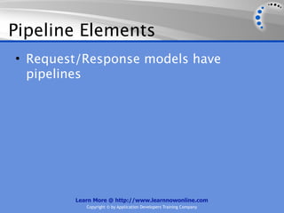 Pipeline Elements
• Request/Response models have
  pipelines




        Learn More @ http://www.learnnowonline.com
           Copyright © by Application Developers Training Company
 