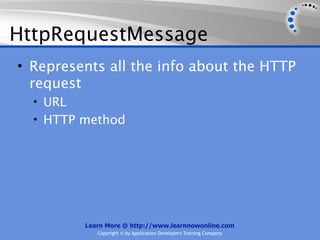 HttpRequestMessage
• Represents all the info about the HTTP
  request
  • URL
  • HTTP method




          Learn More @ http://www.learnnowonline.com
             Copyright © by Application Developers Training Company
 