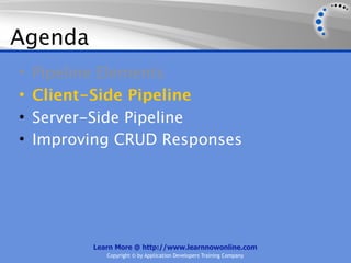Agenda
•   Pipeline Elements
•   Client-Side Pipeline
•   Server-Side Pipeline
•   Improving CRUD Responses




          Learn More @ http://www.learnnowonline.com
             Copyright © by Application Developers Training Company
 
