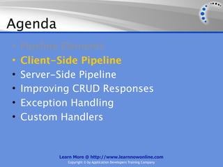 Agenda
•   Pipeline Elements
•   Client-Side Pipeline
•   Server-Side Pipeline
•   Improving CRUD Responses
•   Exception Handling
•   Custom Handlers


          Learn More @ http://www.learnnowonline.com
             Copyright © by Application Developers Training Company
 