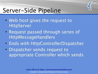 Server-Side Pipeline
• Web host gives the request to
  HttpServer
• Request passed through series of
  HttpMessageHandlers
• Ends with HttpControllerDispatcher
• Dispatcher sends request to
  appropriate Controller which sends


         Learn More @ http://www.learnnowonline.com
            Copyright © by Application Developers Training Company
 