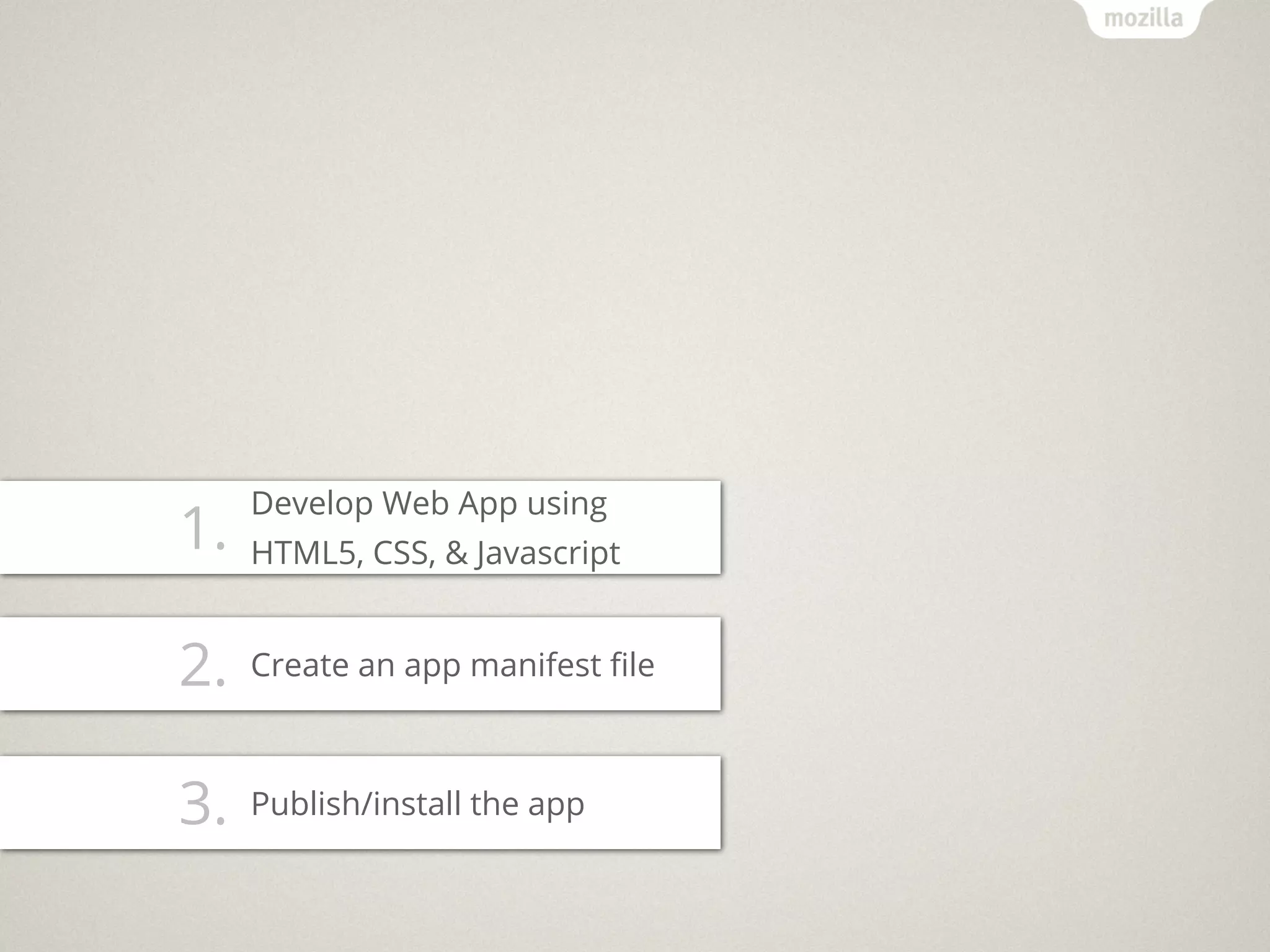Develop Web App using
1.   HTML5, CSS, & Javascript


2.   Create an app manifest ﬁle



3.   Publish/install the app
 