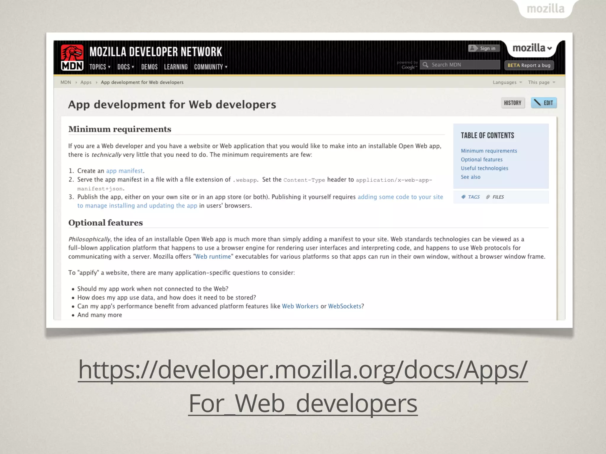 https://developer.mozilla.org/docs/Apps/
          For_Web_developers
 