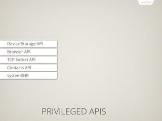 Device Storage API
Browser API
TCP Socket API
Contacts API
systemXHR




                 PRIVILEGED APIS
 