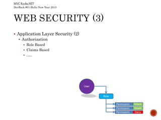 DevRock #01 Hello New Year 2015
 Application Layer Security (2)
 Authorization
 Role Based
 Claims Based
 …..
 