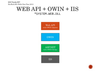 DevRock #01 Hello New Year 2015
Web API
with OWIN Adpater
OWIN
ASP.NET
with OWIN Bridge
IIS
 