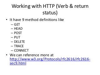 Working with HTTP (Verb & return
status)
• It have 9 method definitions like
– GET
– HEAD
– POST
– PUT
– DELETE
– TRACE
– CONNECT
• We can reference more at
http://www.w3.org/Protocols/rfc2616/rfc2616-
sec9.html