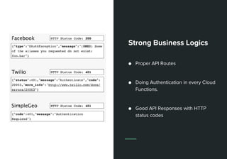 Strong Business Logics
● Proper API Routes
● Doing Authentication in every Cloud
Functions.
● Good API Responses with HTTP
status codes
 