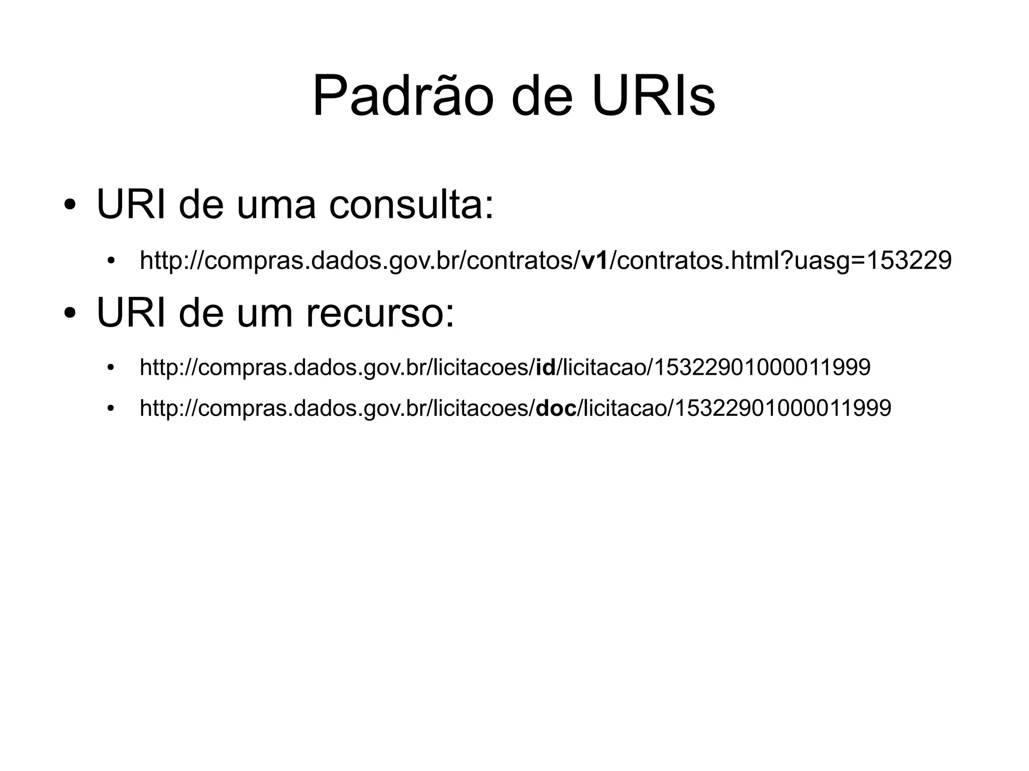 Padrão de URIs 
● URI de uma consulta: 
● http://compras.dados.gov.br/contratos/v1/contratos.html?uasg=153229 
● URI de um recurso: 
● http://compras.dados.gov.br/licitacoes/id/licitacao/15322901000011999 
● http://compras.dados.gov.br/licitacoes/doc/licitacao/15322901000011999 
 