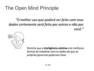 "O melhor uso que poderá ser feito com seus 
dados certamente será feito por outros e não por 
você.“ 
The Open Mind Principle 
Permite que a inteligência coletiva crie melhores 
formas de trabalhar com os dados do que os 
próprios governos poderiam fazer 
5 / 48 
 