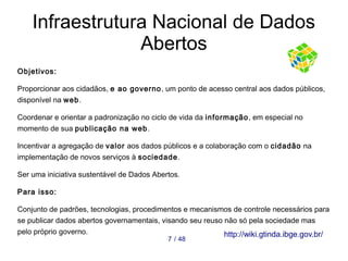 Infraestrutura Nacional de Dados 
Abertos 
Objetivos: 
Proporcionar aos cidadãos, e ao governo, um ponto de acesso central aos dados públicos, 
disponível na web. 
Coordenar e orientar a padronização no ciclo de vida da informação, em especial no 
momento de sua publicação na web. 
Incentivar a agregação de valor aos dados públicos e a colaboração com o cidadão na 
implementação de novos serviços à sociedade. 
Ser uma iniciativa sustentável de Dados Abertos. 
Para isso: 
Conjunto de padrões, tecnologias, procedimentos e mecanismos de controle necessários para 
se publicar dados abertos governamentais, visando seu reuso não só pela sociedade mas 
pelo próprio governo. 7 / 48 http://wiki.gtinda.ibge.gov.br/ 
 