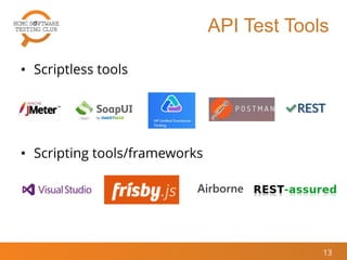 API Test Tools
• Scriptless tools
13
• Scripting tools/frameworks
 
