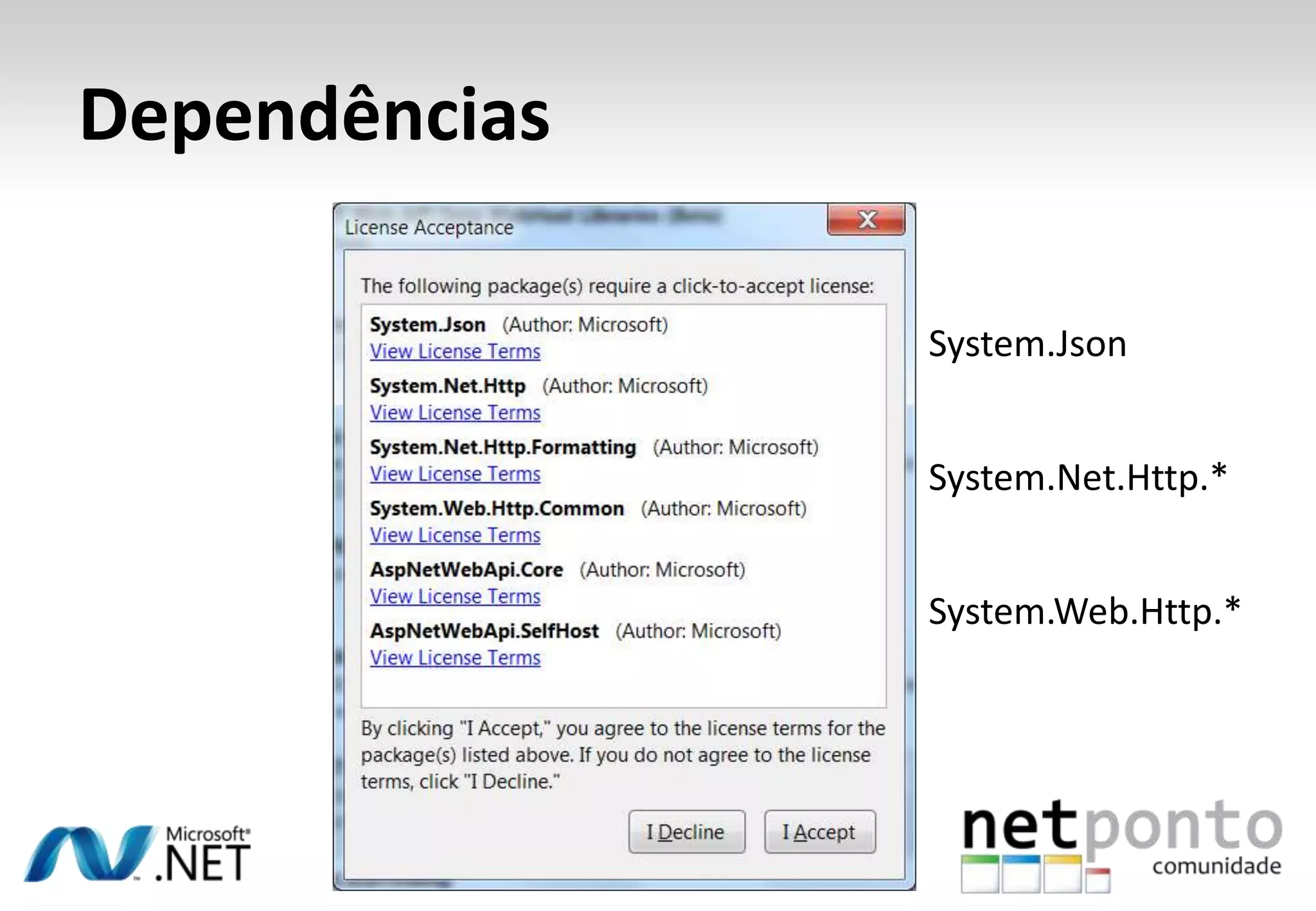 Dependências System.Json System.Net.Http.* System.Web.Http.* 