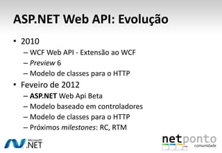 ASP.NET Web API: Evolução
• 2010
  – WCF Web API - Extensão ao WCF
  – Preview 6
  – Modelo de classes para o HTTP
• Feveiro de 2012
  – ASP.NET Web Api Beta
  – Modelo baseado em controladores
  – Modelo de classes para o HTTP
  – Próximos milestones: RC, RTM
 