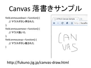 Canvas ץ
field.onmousedown = function() {
// ޥܥѺ줿
};
field.onmousemove = function() {
// ޥӤ
};
field.onmouseup = function() {
// ޥܥx줿
}
http://fukuno.jig.jp/canvas-draw.html
 