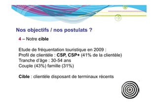 Nos objectifs / nos postulats ?
 4 – Notre cible

 Etude de fréquentation touristique en 2009 :
 Profil de clientèle : CSP CSP+ (41% de la clientèle)
                       CSP,
 Tranche d’âge : 30-54 ans
 Couple (
     p (43%) famille (
                )        (31%)
                             )

 Cible : clientèle disposant de terminaux récents
 