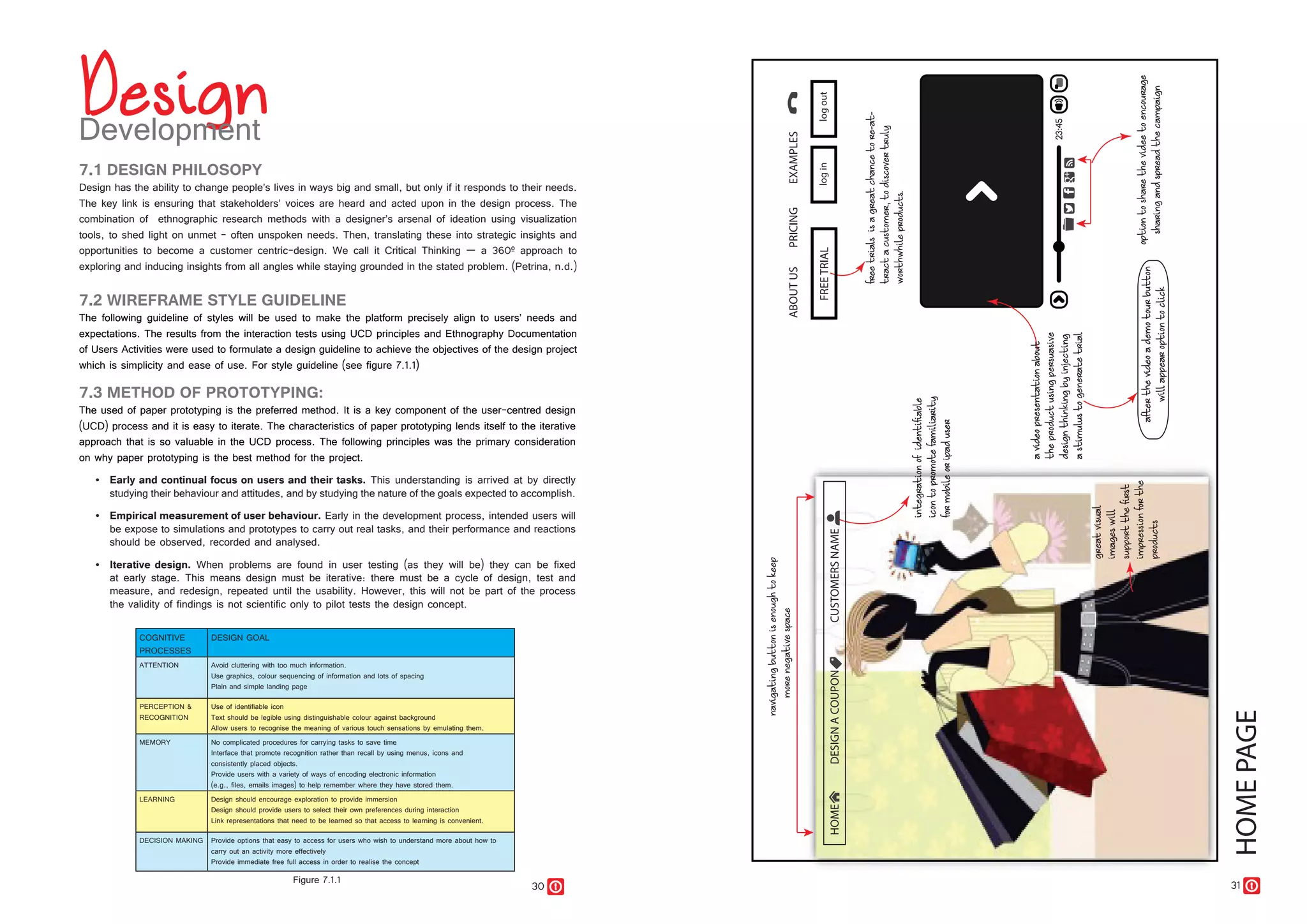 30 31
7.1 DESIGN PHILOSOPY
Design has the ability to change people’s lives in ways big and small, but only if it responds to their needs.
The key link is ensuring that stakeholders’ voices are heard and acted upon in the design process. The
combination of ethnographic research methods with a designer’s arsenal of ideation using visualization
tools, to shed light on unmet - often unspoken needs. Then, translating these into strategic insights and
opportunities to become a customer centric-design. We call it Critical Thinking — a 360º approach to
exploring and inducing insights from all angles while staying grounded in the stated problem. (Petrina, n.d.)
7.2 WIREFRAME STYLE GUIDELINE
The following guideline of styles will be used to make the platform precisely align to users’ needs and
expectations. The results from the interaction tests using UCD principles and Ethnography Documentation
of Users Activities were used to formulate a design guideline to achieve the objectives of the design project
which is simplicity and ease of use. For style guideline (see figure 7.1.1)
COGNITIVE
PROCESSES
DESIGN GOAL
ATTENTION Avoid cluttering with too much information.
Use graphics, colour sequencing of information and lots of spacing
Plain and simple landing page
PERCEPTION &
RECOGNITION
Use of identifiable icon
Text should be legible using distinguishable colour against background
Allow users to recognise the meaning of various touch sensations by emulating them.
MEMORY No complicated procedures for carrying tasks to save time
Interface that promote recognition rather than recall by using menus, icons and
consistently placed objects.
Provide users with a variety of ways of encoding electronic information
(e.g., files, emails images) to help remember where they have stored them.
LEARNING Design should encourage exploration to provide immersion
Design should provide users to select their own preferences during interaction
Link representations that need to be learned so that access to learning is convenient.
DECISION MAKING Provide options that easy to access for users who wish to understand more about how to
carry out an activity more effectively
Provide immediate free full access in order to realise the concept
Figure 7.1.1
7.3 METHOD OF PROTOTYPING:
The used of paper prototyping is the preferred method. It is a key component of the user-centred design
(UCD) process and it is easy to iterate. The characteristics of paper prototyping lends itself to the iterative
approach that is so valuable in the UCD process. The following principles was the primary consideration
on why paper prototyping is the best method for the project.
•	 Early and continual focus on users and their tasks. This understanding is arrived at by directly
studying their behaviour and attitudes, and by studying the nature of the goals expected to accomplish.
•	 Empirical measurement of user behaviour. Early in the development process, intended users will
be expose to simulations and prototypes to carry out real tasks, and their performance and reactions
should be observed, recorded and analysed.
•	 Iterative design. When problems are found in user testing (as they will be) they can be fixed
at early stage. This means design must be iterative: there must be a cycle of design, test and
measure, and redesign, repeated until the usability. However, this will not be part of the process
the validity of findings is not scientific only to pilot tests the design concept.
 