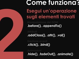 Esegui un’operazione
sugli elementi trovati
Manipolazione del DOM
.before(), .appendTo()
Attributi
.addClass(), .attr(), .val()
Gestione eventi
.click(), .bind()
Animazioni
.hide(), .fadeOut(), .animate()
 