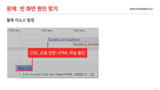 16 / 73
블록 리소스 발생
문제: 빈 화면 원인 찾기
CSS, JS로 인한: HTML 파싱 중단
 