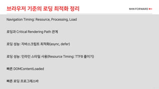 27 / 73
Navigation Timing: Resource, Processing, Load
브라우저 기준의 로딩 최적화 정리
로딩과 Critical Rendering Path 관계
로딩 성능: 자바스크립트 최적화(async, defer)
로딩 성능: 인라인 스타일 사용(Resource Timing: TTFB 줄이기)
빠른 DOMContentLoaded
빠른 로딩 프로그레스바
 