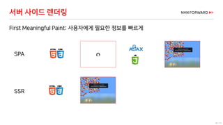 36 / 73
First Meaningful Paint: 사용자에게 필요한 정보를 빠르게
서버 사이드 렌더링
SPA
SSR
 