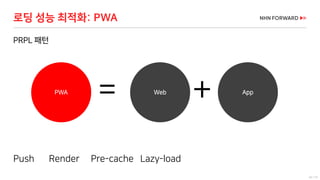 42 / 73
로딩 성능 최적화: PWA
PRPL 패턴
WebPWA App
= +
Push Render Pre-cache Lazy-load
 
