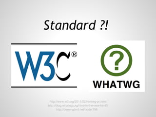 Standard ?!




 http://www.w3.org/2011/02/htmlwg-pr.html
http://blog.whatwg.org/html-is-the-new-html5
       http://burningbird.net/node/156
 