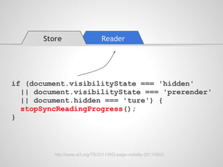 Store                    Reader




if (document.visibilityState === 'hidden'
  || document.visibilityState === 'prerender'
  || document.hidden === 'ture') {
  stopSyncReadingProgress();
}



         http://www.w3.org/TR/2011/WD-page-visibility-20110602/
 
