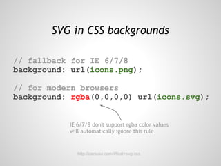 SVG in CSS backgrounds

// fallback for IE 6/7/8
background: url(icons.png);

// for modern browsers
background: rgba(0,0,0,0) url(icons.svg);


           IE 6/7/8 don't support rgba color values
           will automatically ignore this rule


              http://caniuse.com/#feat=svg-css
 