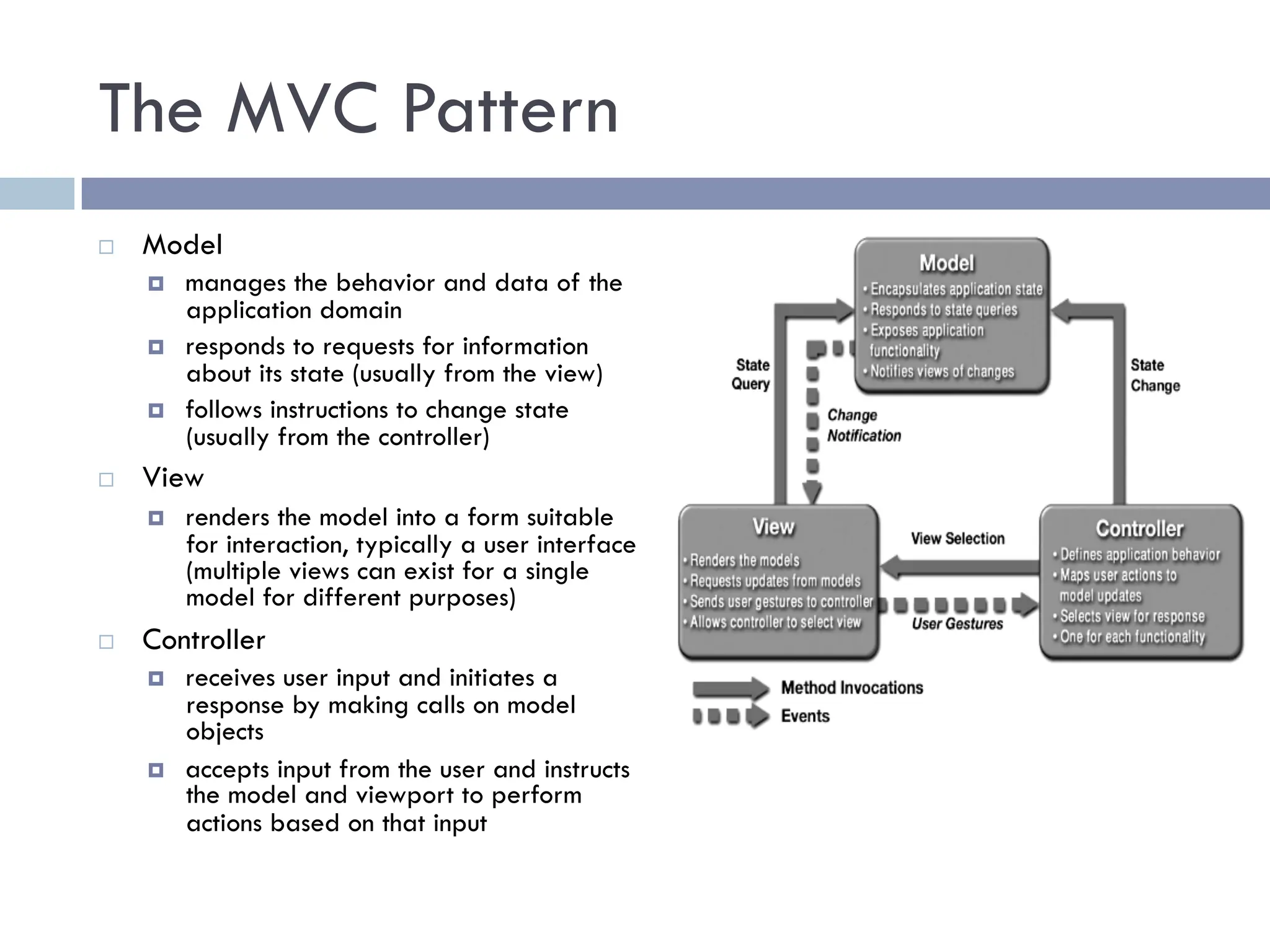 The MVC Pattern
¨ Model
¤ manages the behavior and data of the
application domain
¤ responds to requests for information
about its state (usually from the view)
¤ follows instructions to change state
(usually from the controller)
¨ View
¤ renders the model into a form suitable
for interaction, typically a user interface
(multiple views can exist for a single
model for different purposes)
¨ Controller
¤ receives user input and initiates a
response by making calls on model
objects
¤ accepts input from the user and instructs
the model and viewport to perform
actions based on that input
 