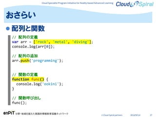 Cloud Specialist Program Initiative for Reality-based Advanced Learning
分野・地域を越えた実践的情報教育協働ネットワーク
© Cloud Spiral partners 2014/9/3,4 27
 配列と関数
おさらい
// 配列の定義
var arr = ['rock', 'metal', 'diving'];
console.log(arr[0]);
// 配列の追加
arr.push('programming');
// 関数の定義
function func() {
console.log('ookini');
}
// 関数呼び出し
func();
 