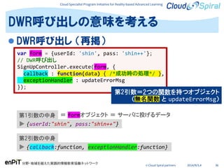 Cloud Specialist Program Initiative for Reality-based Advanced Learning
分野・地域を越えた実践的情報教育協働ネットワーク
© Cloud Spiral partners 2014/9/3,4 36
 DWR呼び出し （再掲）
DWR呼び出しの意味を考える
var form = {userId: 'shin', pass: 'shin++'};
// DWR呼び出し
SignUpController.execute(form, {
callback : function(data) { /*成功時の処理*/ },
exceptionHandler : updateErrorMsg
});
▶ {callback:function, exceptionHandler:function}
▶ {userId:"shin", pass:"shin++"}
第1引数の中身
第2引数の中身
＝ formオブジェクト ＝ サーバに投げるデータ
第2引数＝2つの関数を持つオブジェクト
（無名関数 と updateErrorMsg）
 