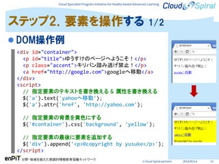 Cloud Specialist Program Initiative for Reality-based Advanced Learning
分野・地域を越えた実践的情報教育協働ネットワーク
© Cloud Spiral partners 2014/9/3,4 51
 DOM操作例
ステップ2．要素を操作する 1/2
<div id="container">
<p id="title">ゆうすけのページへようこそ！</p>
<p class="accent">キリバン踏み逃げ禁止！</p>
<a href="http://google.com">googleへ移動</a>
</div>
<script>
// 指定要素のテキストを書き換える & 属性を書き換える
$('a').text('yahooへ移動');
$('a').attr('href', 'http://yahoo.com');
// 指定要素の背景を黄色にする
$('#container').css('background', 'yellow');
// 指定要素の最後に要素を追加する
$('div').append('<p>©copyright by yusuke</p>');
</script>
 