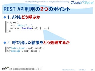 Cloud Specialist Program Initiative for Reality-based Advanced Learning
分野・地域を越えた実践的情報教育協働ネットワーク
© Cloud Spiral partners 2014/9/3,4 58
 1. APIをどう呼ぶか
 2. 呼び出した結果をどう処理するか
REST API利用の2つのポイント
$.ajax({
url: 'http://...',
success: function(xml) { ... }
});
$('total_like', xml).text();
$('message', xml).text();
 