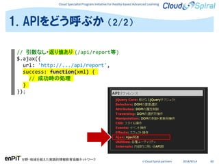 Cloud Specialist Program Initiative for Reality-based Advanced Learning
分野・地域を越えた実践的情報教育協働ネットワーク
© Cloud Spiral partners 2014/9/3,4 60
1. APIをどう呼ぶか （2/2）
// 引数なし・返り値あり (/api/report等)
$.ajax({
url: 'http://.../api/report',
success: function(xml) {
// 成功時の処理
}
});
 