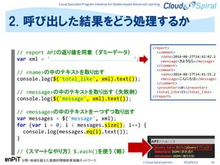 Cloud Specialist Program Initiative for Reality-based Advanced Learning
分野・地域を越えた実践的情報教育協働ネットワーク
© Cloud Spiral partners 2014/9/3,4 61
2. 呼び出した結果をどう処理するか
// report APIの返り値を用意 （ダミーデータ）
var xml = '<report><comment><date>2014-08-27T14:42:02.284+0900</date><message>さようなら</message></comment><comment><date>2014-08-27T14:41:55.220+0900</date><message>こんにちは</message></comment><presenter>c0</presenter><total_like>15</total_like></report>';
// <name>の中のテキストを取り出す
console.log($('total_like', xml).text());
// <message>の中のテキストを取り出す （失敗例）
console.log($('message', xml).text());
// <message>の中のテキストを一つずつ取り出す
var messages = $('message', xml);
for (var i = 0; i < messages.size(); i++) {
console.log(messages.eq(i).text());
}
// （スマートなやり方） $.each()を使う （略）
<report>
<comment>
<date>2014-08-27T14:42:02.284+
<message>さようなら</message>
</comment>
<comment>
<date>2014-08-27T14:41:55.220+
<message>こんにちは</message>
</comment>
<presenter>c0</presenter>
<total_like>15</total_like>
</report>
 
