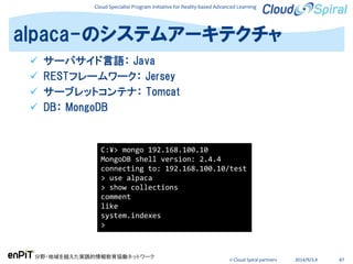 Cloud Specialist Program Initiative for Reality-based Advanced Learning
分野・地域を越えた実践的情報教育協働ネットワーク
© Cloud Spiral partners 2014/9/3,4 87
 サーバサイド言語： Java
 RESTフレームワーク： Jersey
 サーブレットコンテナ： Tomcat
 DB： MongoDB
alpaca-のシステムアーキテクチャ
C:¥> mongo 192.168.100.10
MongoDB shell version: 2.4.4
connecting to: 192.168.100.10/test
> use alpaca
> show collections
comment
like
system.indexes
>
 